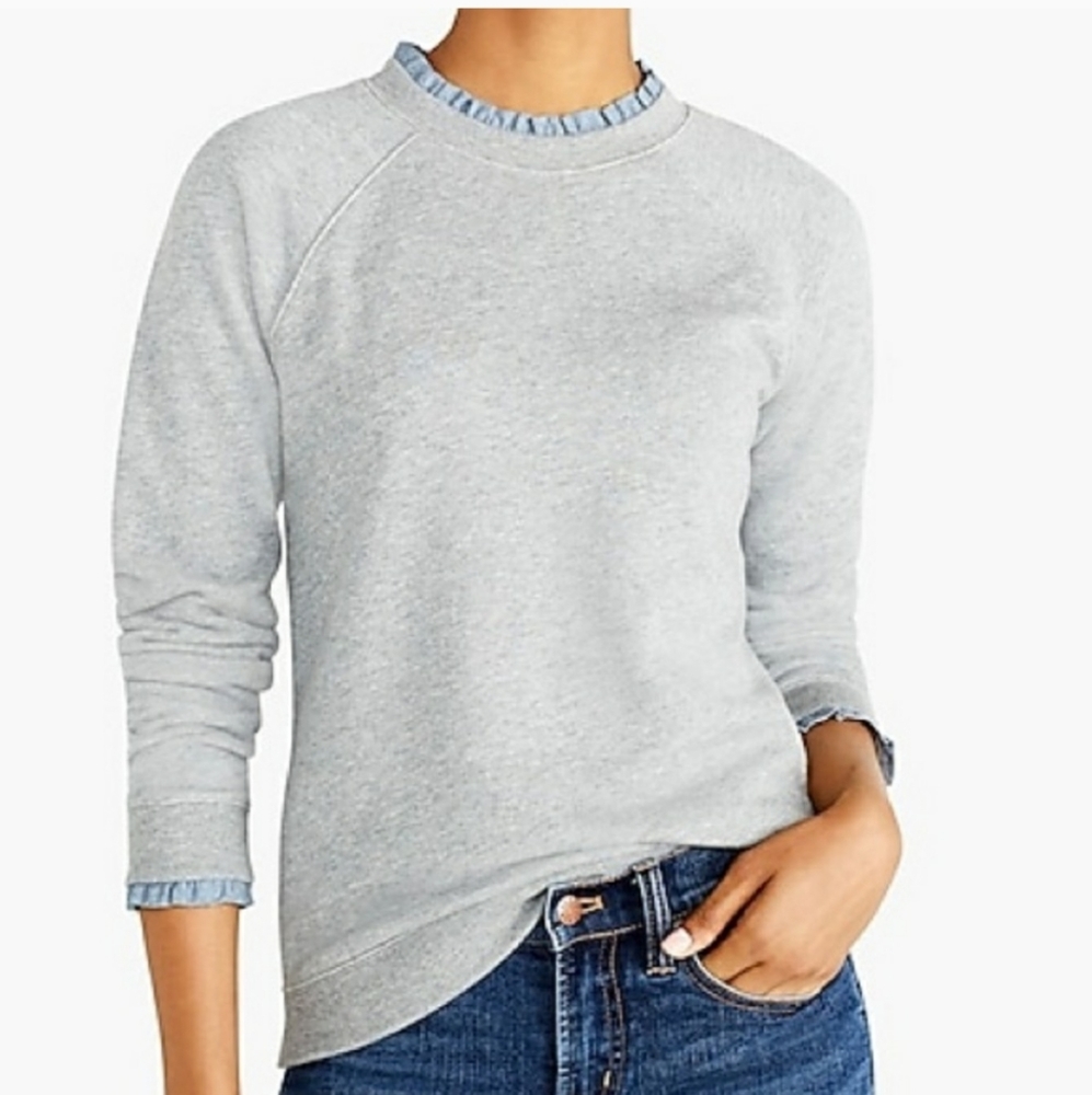 J. Crew Grey Ruffle Woven Neck Long Sleeve Sweatshirt